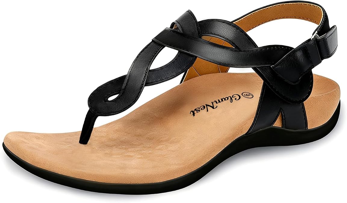 Womens Orthopedic Arch Support Comfortable Walking Sandals, Orthotic Thong T-Strap Supportive Casual Flat Summer Sandals for Women