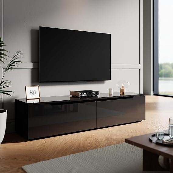 Floating TV Stand Cabinet Unit with 16 RGB LED Lighted, High Gloss Black Wall Mounted TV Cabinet with Pull-Down Door, Modern TV Stand with Storage Shelves for Living Room, 1000x350x300mm