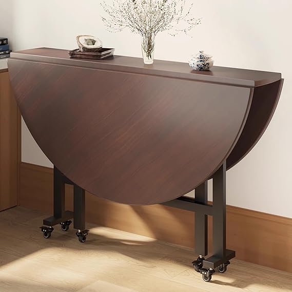 Round Mobile Folding Dining Table, Drop Leaf Kitchen for Small Spaces, Extendable Butterfly with 6 Wheels, Drop Leaf Dining Room Desk for Home, Apartment,Office(Walnut,55in)