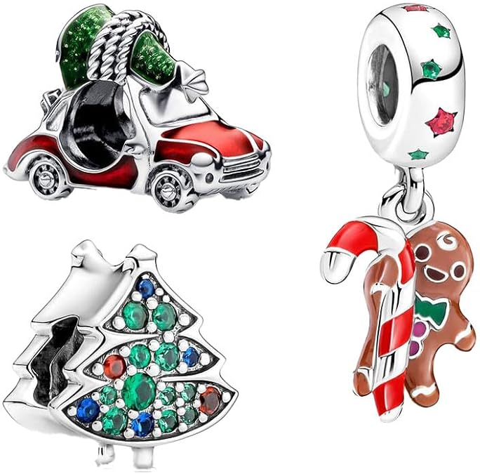 Feitery 2 in 1 Gingerbread Man+Christmas Tree Sterling Silver Charms Compatible for Pandora Bracelets and Necklaces Summer Jewelry Women's Bead Charms