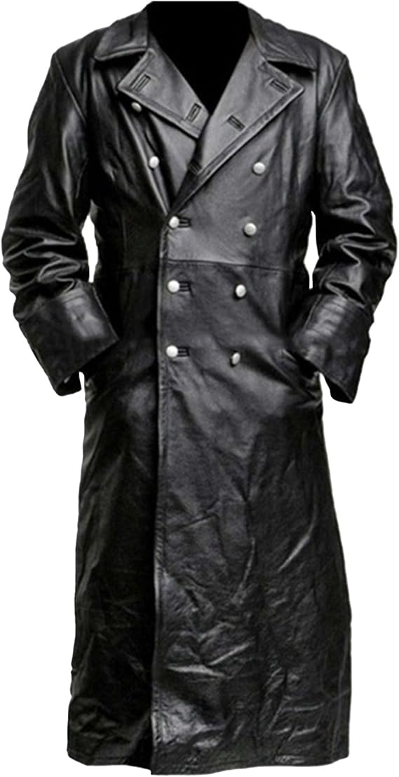 Mens Classic Faux Leather Long Coat Full Length Classic PU Trench Coats Business Military Uniform Overcoat (Black,Small)