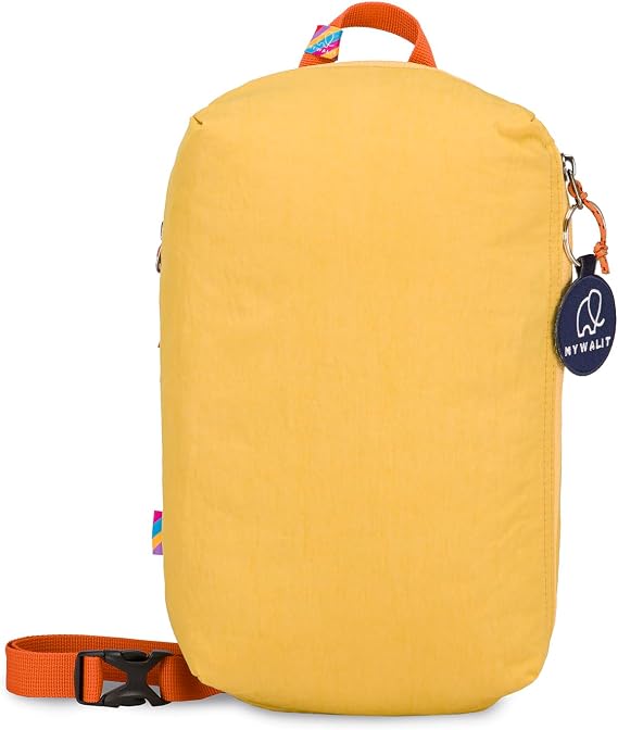 mywalit MyLite Sling Backpack|Yellow|Lightweight|Wear two ways|Soft cotton & Nylon Blend|Two external pockets|Key Fob|Divided main compartment.