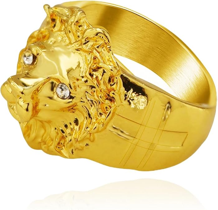 Gold Lion Ring,Gothic Cross Lion Ring for Men, Iced Out Gold Lion Head Ring Viking Lion Animal White Stone Ring for mens Punk Lion Ring Hip Hop Retro Rock Vintage Lion Totem Signet Jewelry