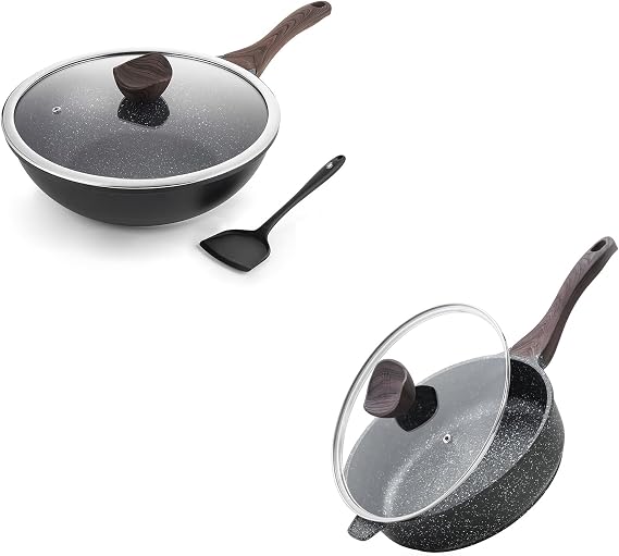 Kordisen Nonstick Deep Frying Pan with Lid, 10/11/12 Inch Skillet, Granite Stone Saute Pan for Cooking, Chefs Pan, Induction Cookware, Compatible with All Stovetops, PFOA Free (10inch)