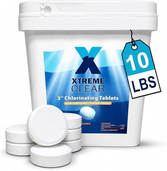 XtremeClear Complete 3 Chlorinating Tablets, 10 lb, Chlorine Tablets for Sanitizing Swimming Pools Chlorine, 10 Pounds for Above/Inground Pools, Saltwater, Spa, Hot Tub Slow Dissolving Tablet