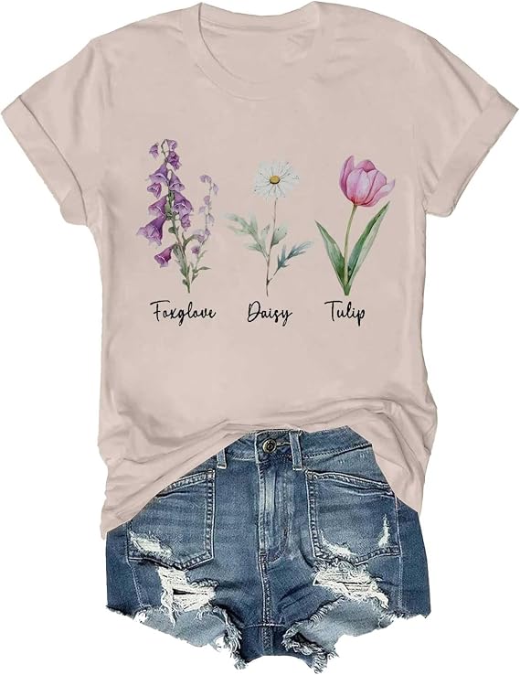 Tops for Women Trendy Summer 2025 Floral Print Cotton T-Shirts Crew Neck Short Sleeve Blouses Loose Fit Tunic Outfits