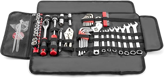 Mofun Motorcycle Tool Kit With Roll Pouch Fit for Harley Motorcycles Black | 64-Piece Include Long Pattern Combination Wrench Set Dr Spark Plug Socket Metric Hex Key Set Star Key Set