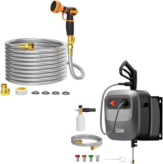 Giraffe Tools Grandfalls Pressure Washer Plus+, Max 2900 PSI, 2.2 GPM, Wall Mounted Pressure Washer with 100ft Ultra-soft Hose and Garden Hose 75ft x 5/8", 304 Stainless Steel Metal Water Hose