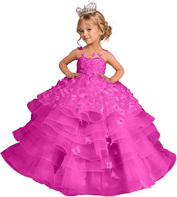 Flower Girl Dress 3D Butterflies Appliques Pageant Dresses for Girls Sparkling Tulle First Communion Dress