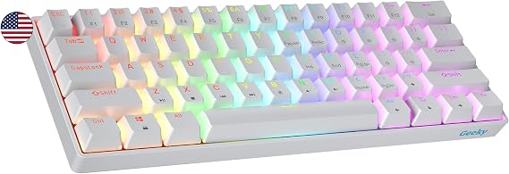 Geeky GK61 60% | Hot Swappable Mechanical Gaming Keyboard | 61 Keys Multi Color RGB LED Backlit for PC/Mac Gamers | ANSI US American Layout White, Mechanical Speed Silver