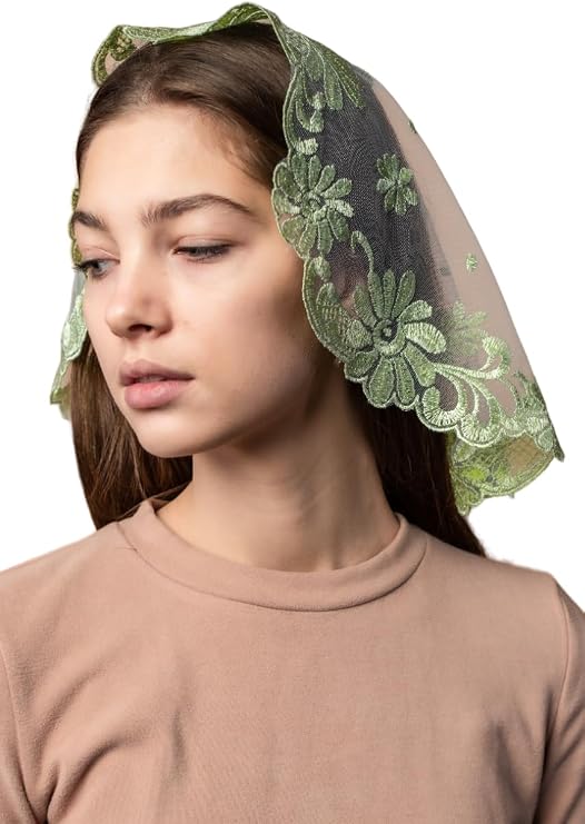 Catholic Mantilla Mass Infinity Chapel Head Covering - Lace Veil (Pistachio/Ivory)