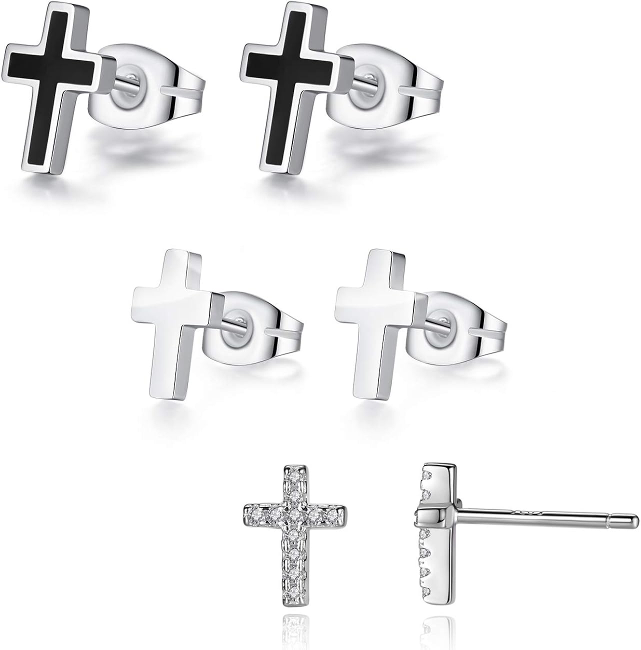 REVEMCN 925 Sterling Silver and Stainless Steel Cross Stud Earrings for Women Men, 3 Pairs