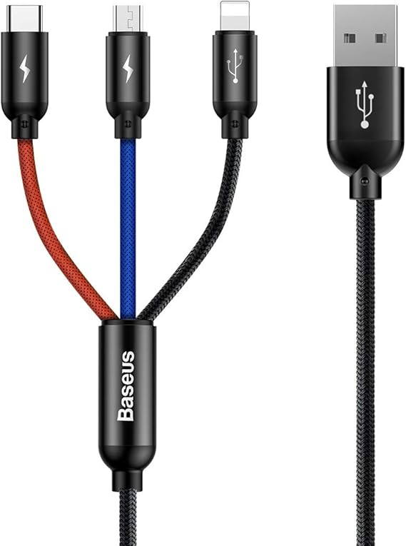 Baseus 3 in 1, Charging & Data Transfer for Lightning, Charging Cable for Micro USB & USB-C, 0.3 Meters, Black