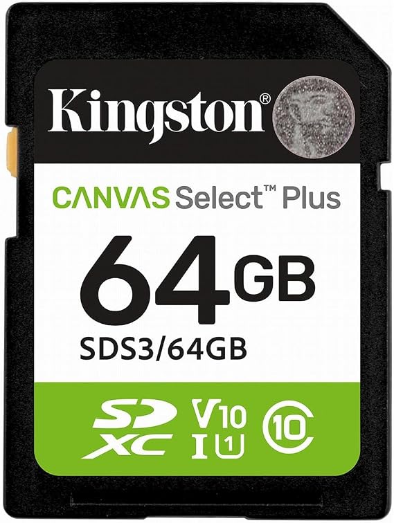 Kingston Canvas Select Plus SD Memory Card 64GB SDXC Gen3 100MB/s C10 UHS-I U1 V10 - SDS3/64GB