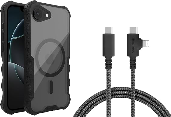 Smartish iPhone 17e/16 MagSafe Case + USB C Lightning Cable Combo - 6 Foot Fabric Wrapped Fast Charging Cable + Gripzilla Magnetic Slim Case for Apple iPhone 16e