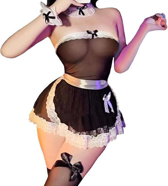 Women Sexy Maid Costume Tube Top Dress Sheer Mesh Lace Maid Outfit