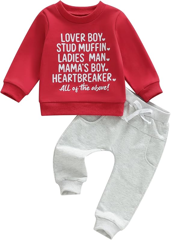 Fernvia Toddler Baby Boy Valentines Day Outfit Letter Print Long Sleeve Crewneck Sweatshirt + Joggers Pants Sets
