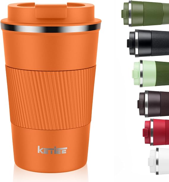 KETIEE 12oz Insulated Travel Mug, Vacuum Stainless Steel Double Walled Reusable Coffee Cup with Leakproof Lid, Travel Tumbler Coffee Mug to Go for Hot and Iced Tea Water (Orange)