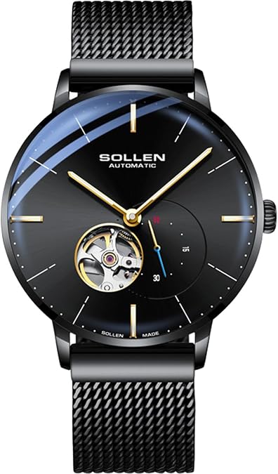 Black Self-Winding Watches for Men, Cool & Stylish Minimalist Automatic Watch with Luminous Hands & Seconds Subdial, 30M/3ATM Waterproof, Casual Formal Luxury Mechanical Wrist Watches - 42mm