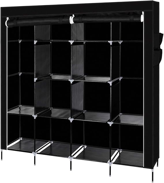 67" Portable Clothes Closet Wardrobe,Clothes Closet Portable Wardrobe Clothes Storage Rack with 12 Shelves 4 Side Pockets,Easy to Assemble Extra Strong and Durable (Black)