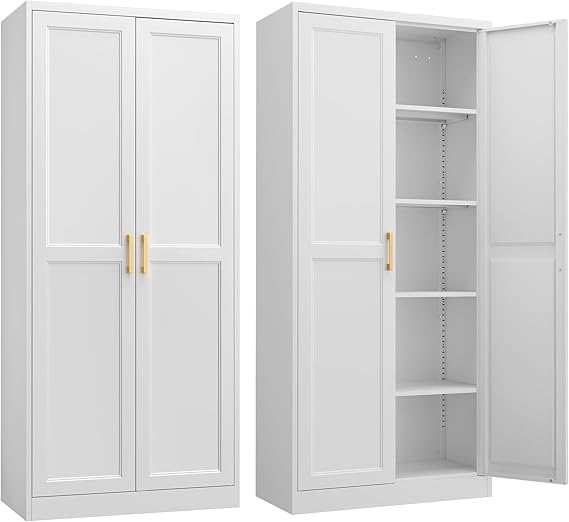SteeLoong Kitchen Pantry Cabinet,71White Metal Pantry Storage Cabinet with Doors and 4 Adjustable Shelves,Kitchen Cabinet with 2 Gold Handles,Tall Cabinet for Livingroom,Pantry, Bathroom,Kitchen