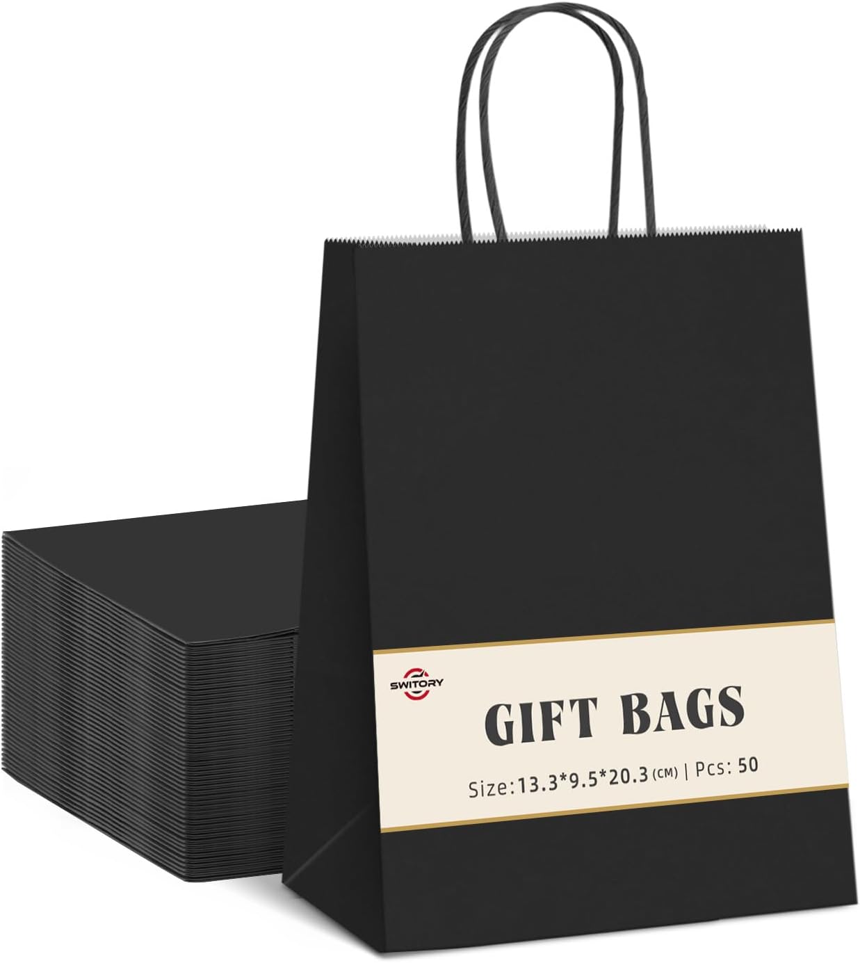 Switory 50pc Gift Bags, Black Shopping Kraft Paper Bag with Twisted Handles for Party Favor,Christian Festival,Thanksgiving Day, Christmas Day 5.25x3.75x8 Inch