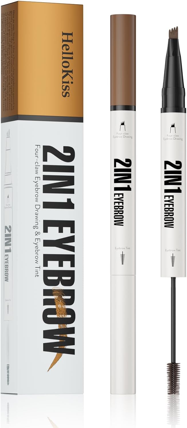 2-in-1 Eyebrow Pen & Tinted Brow Gel – 4-Tip Microblade Brow Pen for Hair-Like Strokes, Long-Lasting Natural Look, Waterproof & Smudge-Resistant Brow Definer Makeup Tool (# 02)