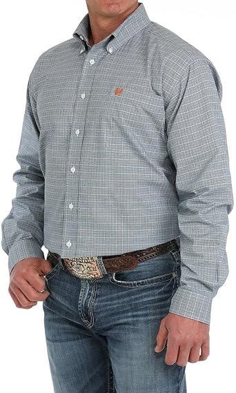 Cinch Mens White/Blue Plaid Classic Fit Long Sleeve Button Down Shirt Blue XL