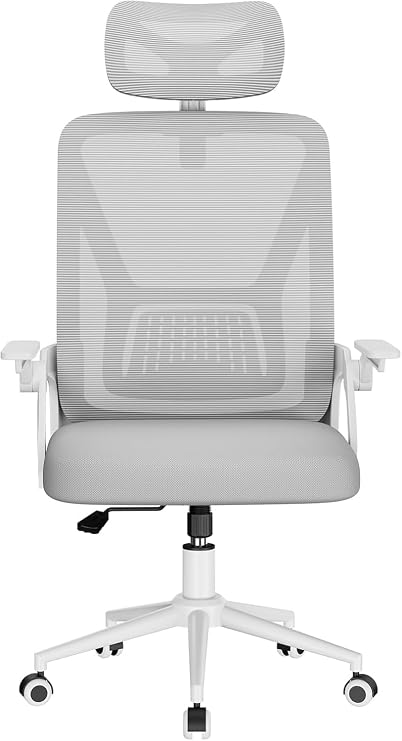 naspaluro Mesh Ergonomic Office Chair for Desk with Flip-up Armrests/Lumbar Support/Adjustable Headrest, Comfy Swivel Heavy Duty Computer Study Chairs, White&Grey Work PC Chair For Home Office