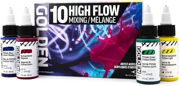 High Flow Acrylics by GOLDEN, High Flow Mixing Set, 10 Colors, Professional Acrylic Paint