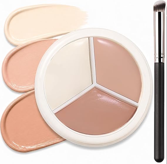 3 Colour Cream Concealer Palette for Dark Circles, Brightening and Blemish Coverage - Blendable Daily Base Makeup with Light, Natural and Peach Tones for an Even-Looking Complexion
