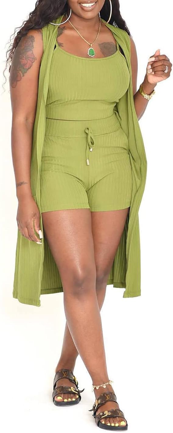 Women 3 Piece Outfits Ribbed Sleeveless Long Cardigan Crop Tank Tops Bodycon Shorts Sets Sweatsuit Lounge Set