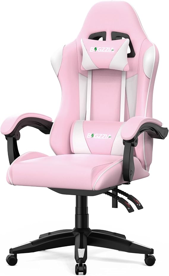 Bigzzia Gaming Chair, Ergonomic Video Game Chairs with Pillow and Lumbar Support, Racing Style Height Adjustable Computer Chair with 360-Swivel Seat for Adults and Teens (Pink)