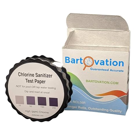 Bartovation Chlorine Sanitizer Test Strip Roll 10-200 ppm | 5 Meter Roll with Dispenser, Bleach Test Paper, for Food Service Restaurant Sanitizer