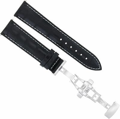 Ewatchparts 20mm Leather Watch Band Strap Deployment Clasp Compatible With Vacheron Constantin Watch Black With White Stitching