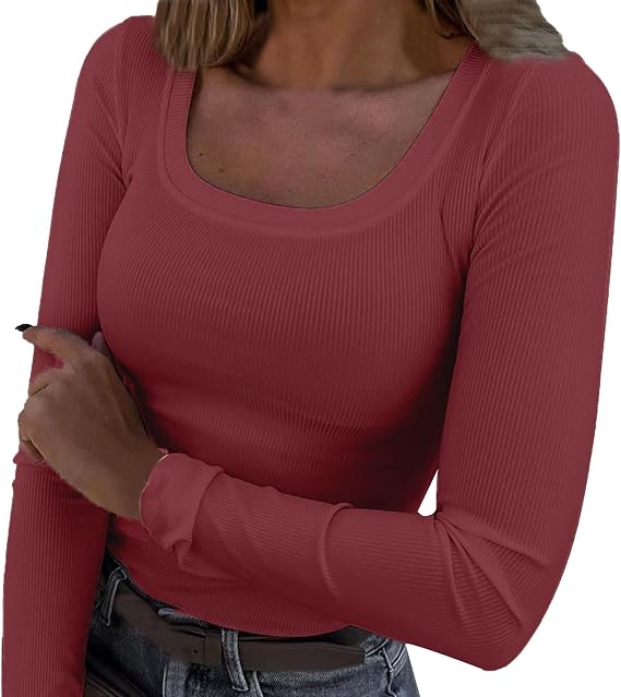 Nantdog Going Out Tops for Women Spring Tops Trendy 2024 Crewneck Long Sleeve Vacation Sexy Elastic Wea