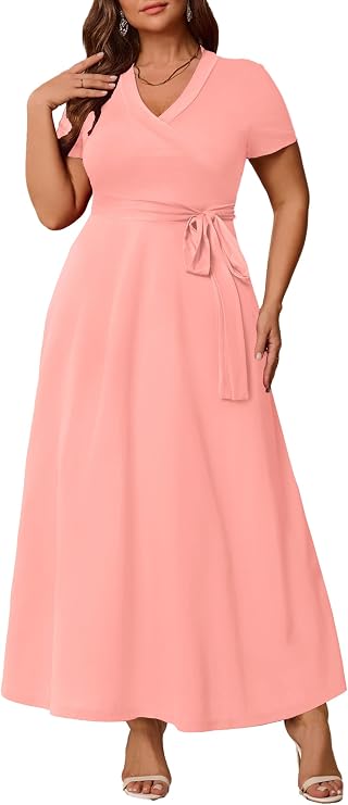 Runwind Womens Plus Size Maxi Dress Short Sleeve Casual Summer Long Dress Solid V-Neck Dresses