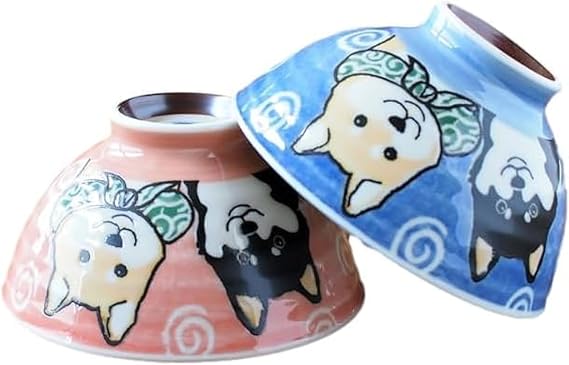 Japanese Ceramic Rice Bowl Set Shiba Dog Blue 4.92 Inches Diameter Mino Ware Chawan Set of 2 Bowls from Japan (Red and Blue)