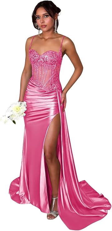Bolodoo Sweetheart Satin Prom Dresses with Slit Lace Applique Pleated Corset Mermaid Long Evening Gown