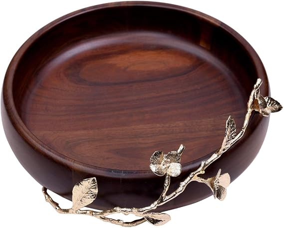 Decozen Wooden Bowl with Decorative Brass Branch Handle - Small Wood Serving Dish for Salad, Popcorn, and Chips - Versatile Fruit Bowl and Serving Bowl - Essential Kitchen Counter Serveware