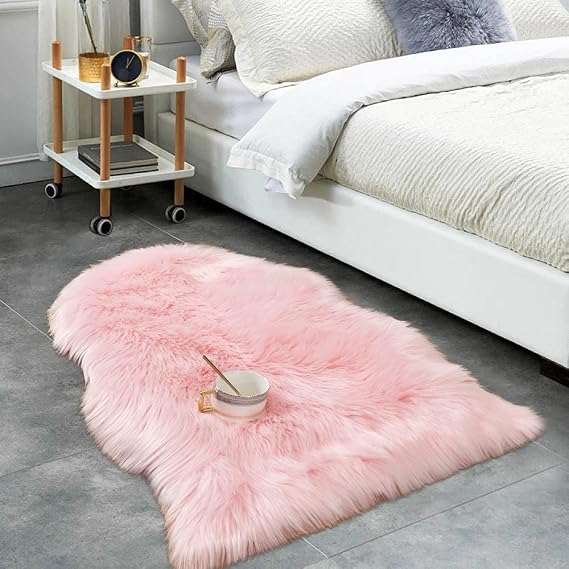 Carvapet 2x3 Plush Faux Sheepskin Rug Soft Pink Chair Cover Carpet | Non-slip suede backing, luxury shaggy shag fur mat, ideal accent carpet for bedside or dorm room floor decoration