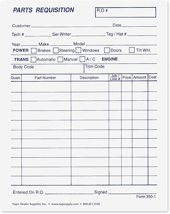 Parts Requisition Form - 3-Parts - Pack of 1,000