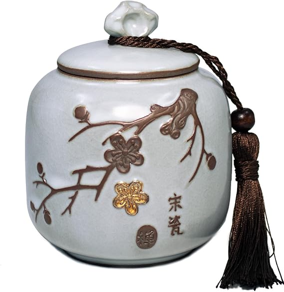 Dahlia Porcelain Tea Canister for Loose Tea, Airtight Longquan Celadon Tea Caddy, Embossed Lotus 700 ML