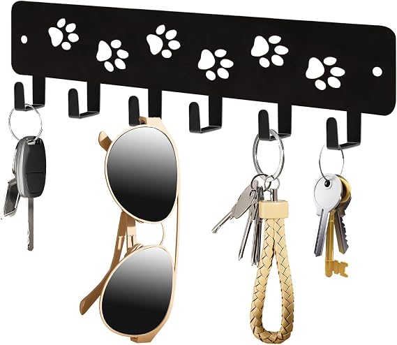 Key Hooks Key Holder Decorative Dog Leash Holder for Wall, 6 Hooks 9.752.73 inch for Wall Decorative Animal Storage Rack Adhesive, Black Hooks for Entrance Living Room Kitchen-Gifts for Dog Lovers