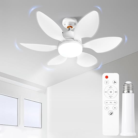 RWNTAO Socket Fan Light with Remote, Portable Small Ceiling Fans with Lights for Bedroom, Living Room, E27 Base, Ceiling Fan Light with Socket Extender, 3 Color Stepless Dimming, 2/4H Timer, White