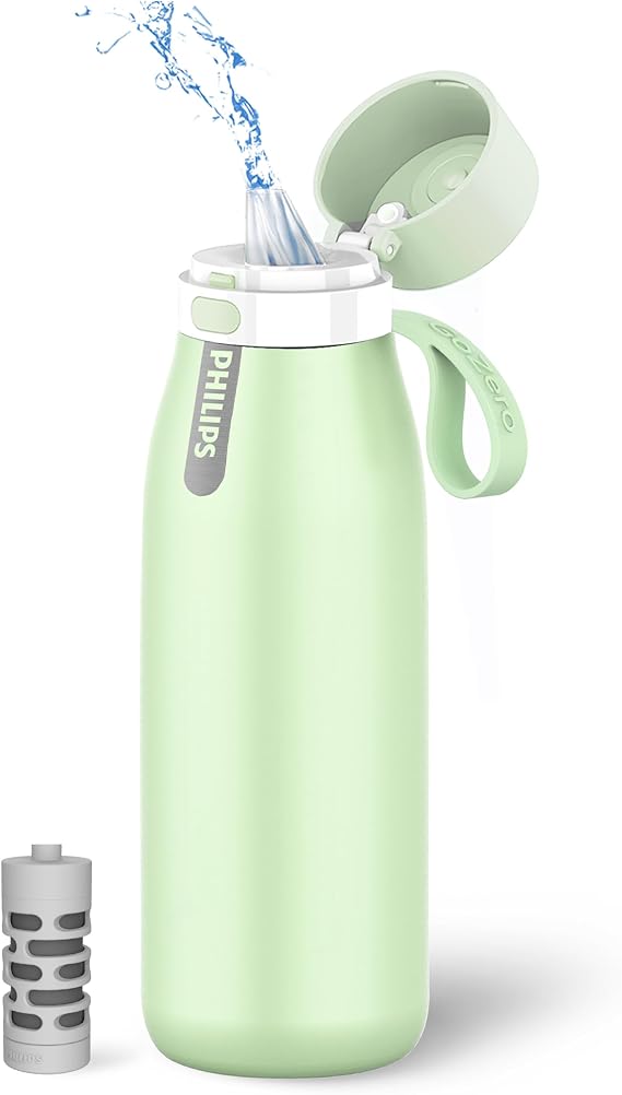 PHILIPS Filtered Water Bottle Stainless Steel Travel Keeps Cold 32oz Green | Insulated BPA-Free Water Bottle With Leakproof Lid. Filter Removes Chlorine & Odor, Lasting 2 Months Or 40 Gallons