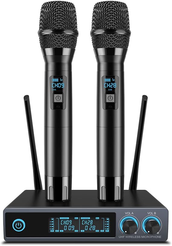 VeGue Wireless Microphone System, Metal Professional UHF Dual Channel Handheld Cordless Dynamic Mic Set for Home Karaoke,Church, DJ, Wedding, Meeting, Events, 200ft