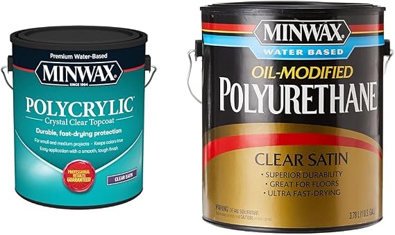1 gal Minwax Polycrylic Protective Finish and Minwax Water Based Polyurethane Wood Finish, Warm Satin, Clear, 1 Gallon