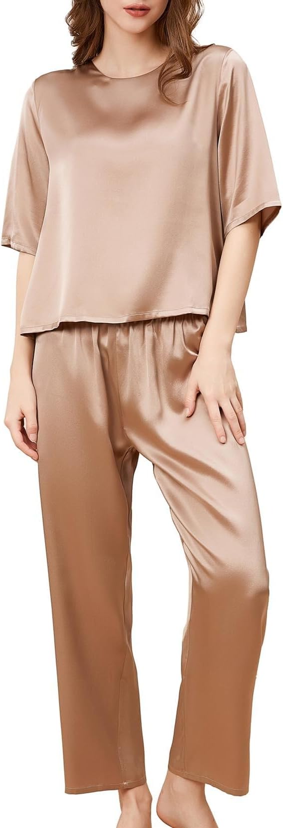 THXSILK 6A Pure Mulberry Silk Pajamas for Women 2 Piece Short Sleeve PJS Round Neck Silk Sleepwear