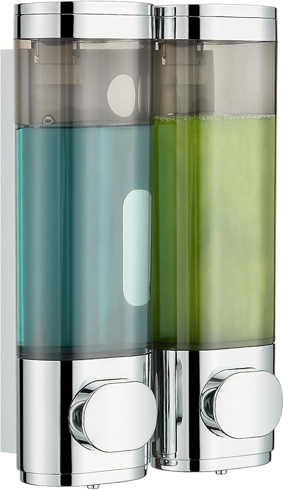 modunful Shower Dispenser 2 Chamber No Drill Shampoo Dispenser for Shower Wall Mounted Shampoo Conditioner Body Wash for Bathroom,Chrome 2 Chamber